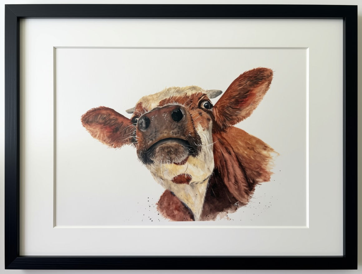 A framed watercolor painting of a cow's head, featuring a brown and cream watercolor portrait with a wide white mat and a modern black frame.