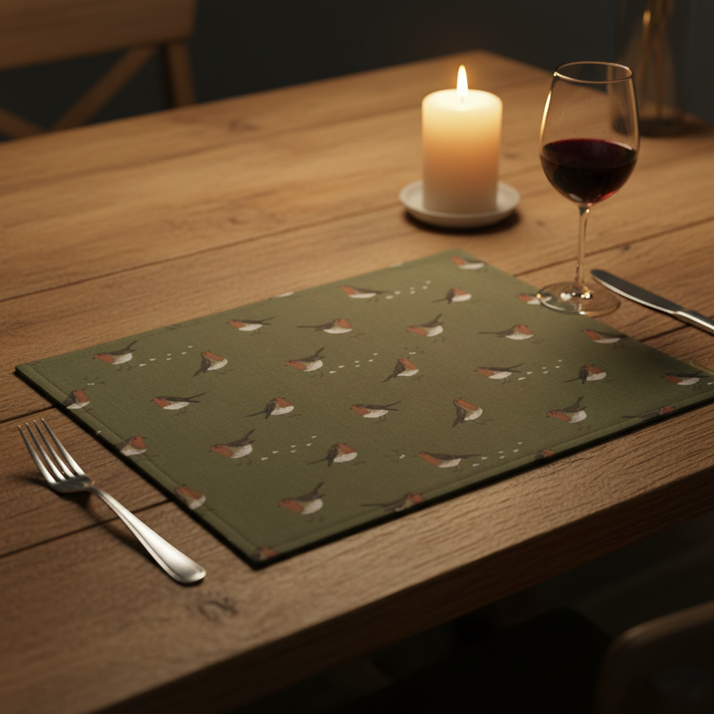 Set of two Sophie Allport Robin fabric placemats with festive red and green Robin design on a natural fabric background.