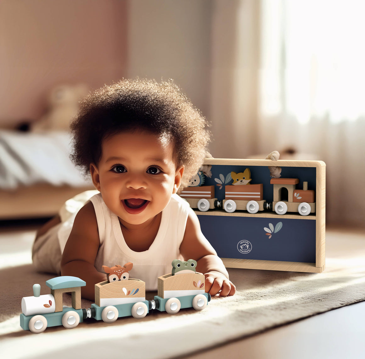 Child playing with a wooden toy train set in a bedroom