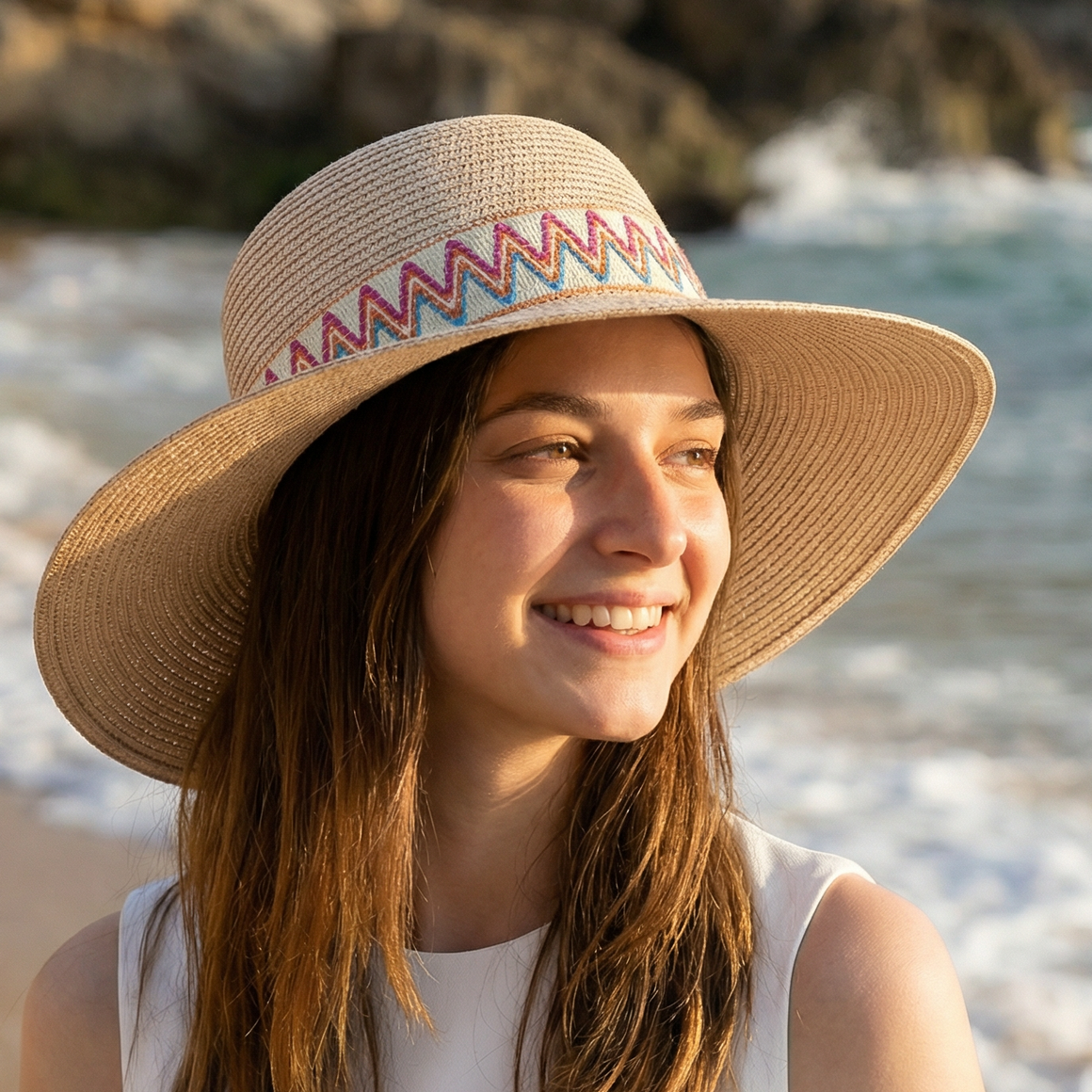 Woman wearing a straw hat with a colorful pattern on a beach.