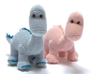 KNITTED ORGANIC COTTON PINK DIPLODOCUS DINOSAUR RATTLE