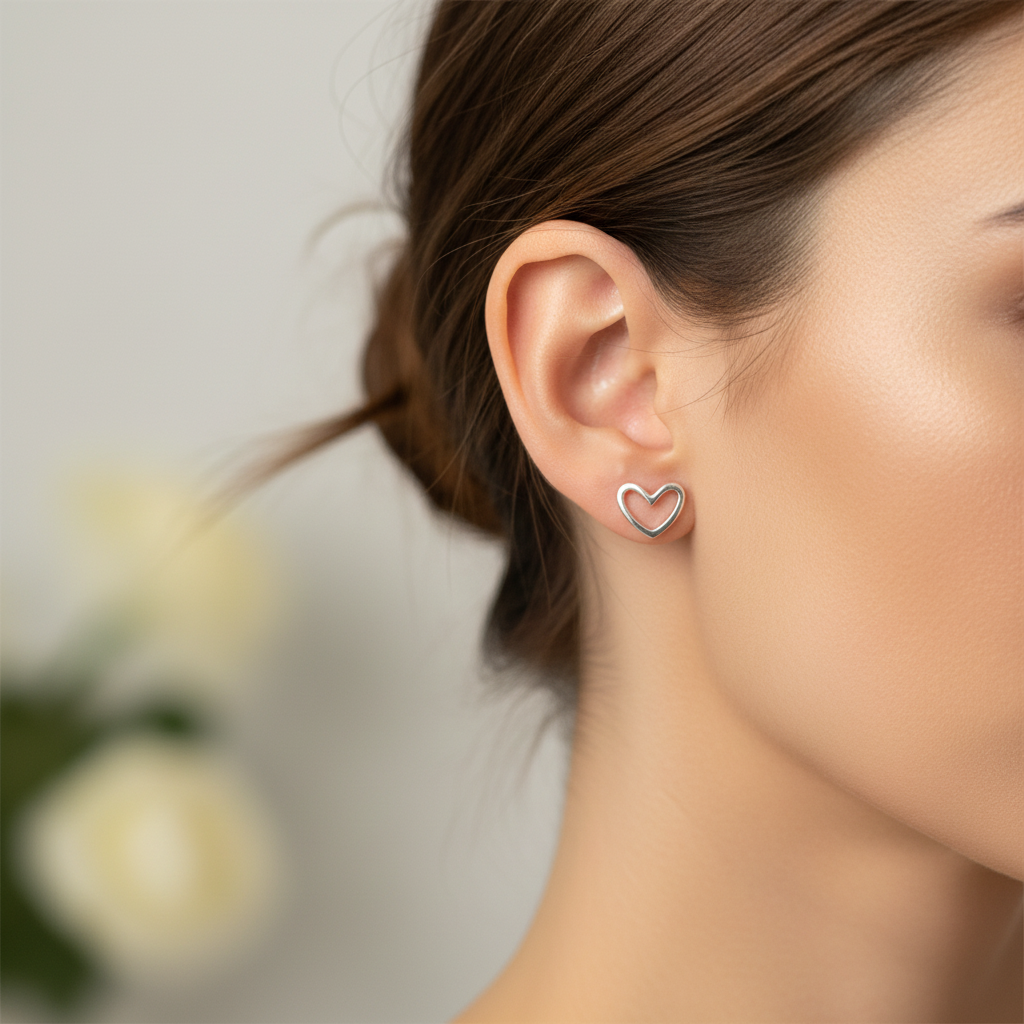 Jess & Lou hollow heart stud earring featuring a delicate gold heart shape on a small post.