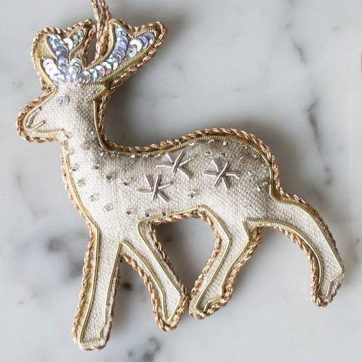 Oatmeal handmade reindeer Irish linen holiday ornament by Katie Larmour Linen