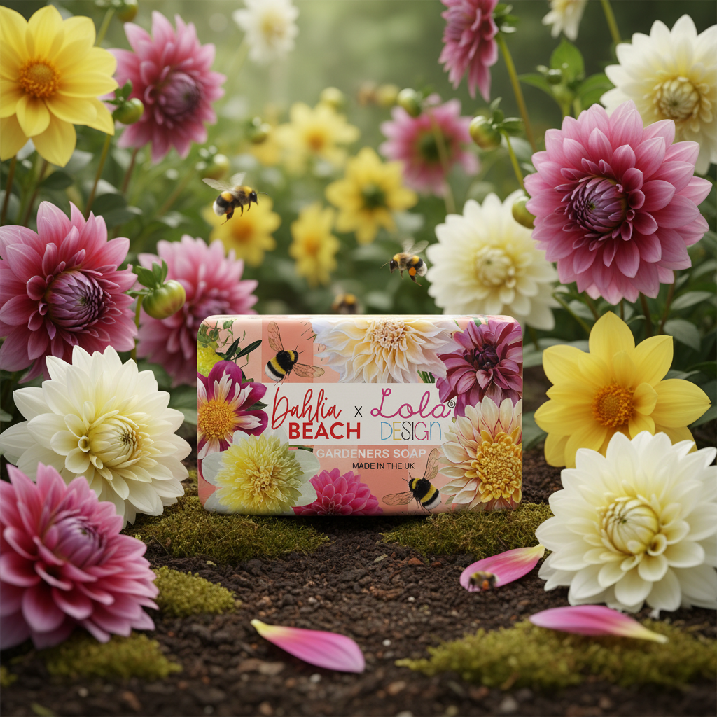 Dahlia Beach x Lola Design Gardeners Soap Bar with floral design and natural ingredients, shown in a close-up image.