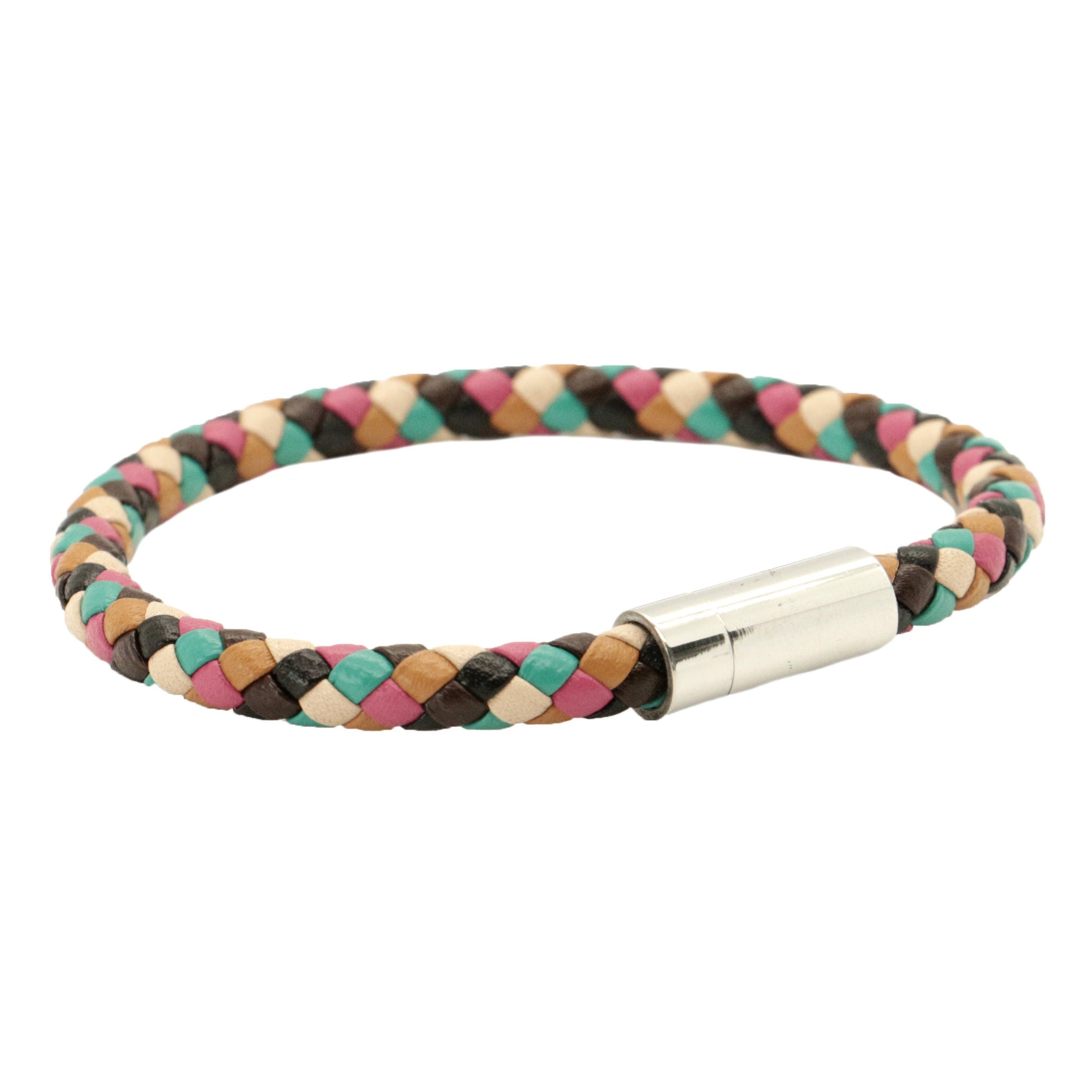 Multicolored braided bracelet with a silver clasp on a white background