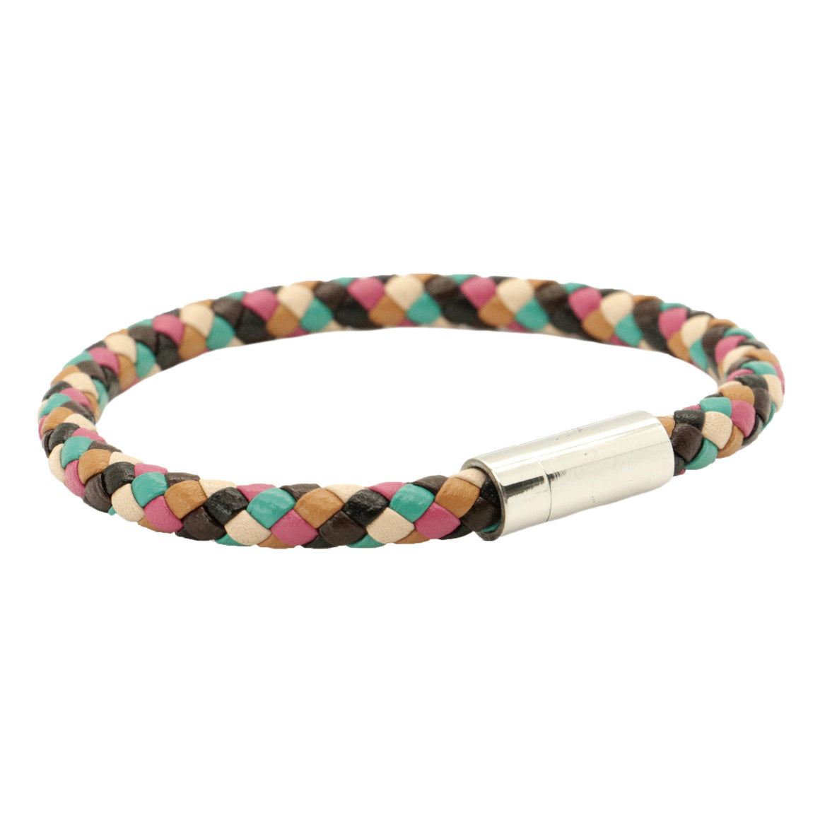 Multicolored braided bracelet with a silver clasp on a white background