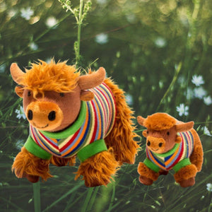 KNITTED HIGHLAND COW BABY RATTLE WITH STRIPE JUMPER
