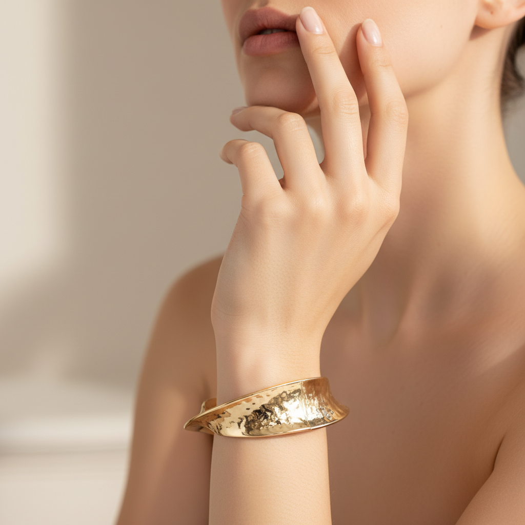 A polished gold-tone metal cuff bracelet with a hammered texture on the front and a smooth clasp closure, shown on a white background.
