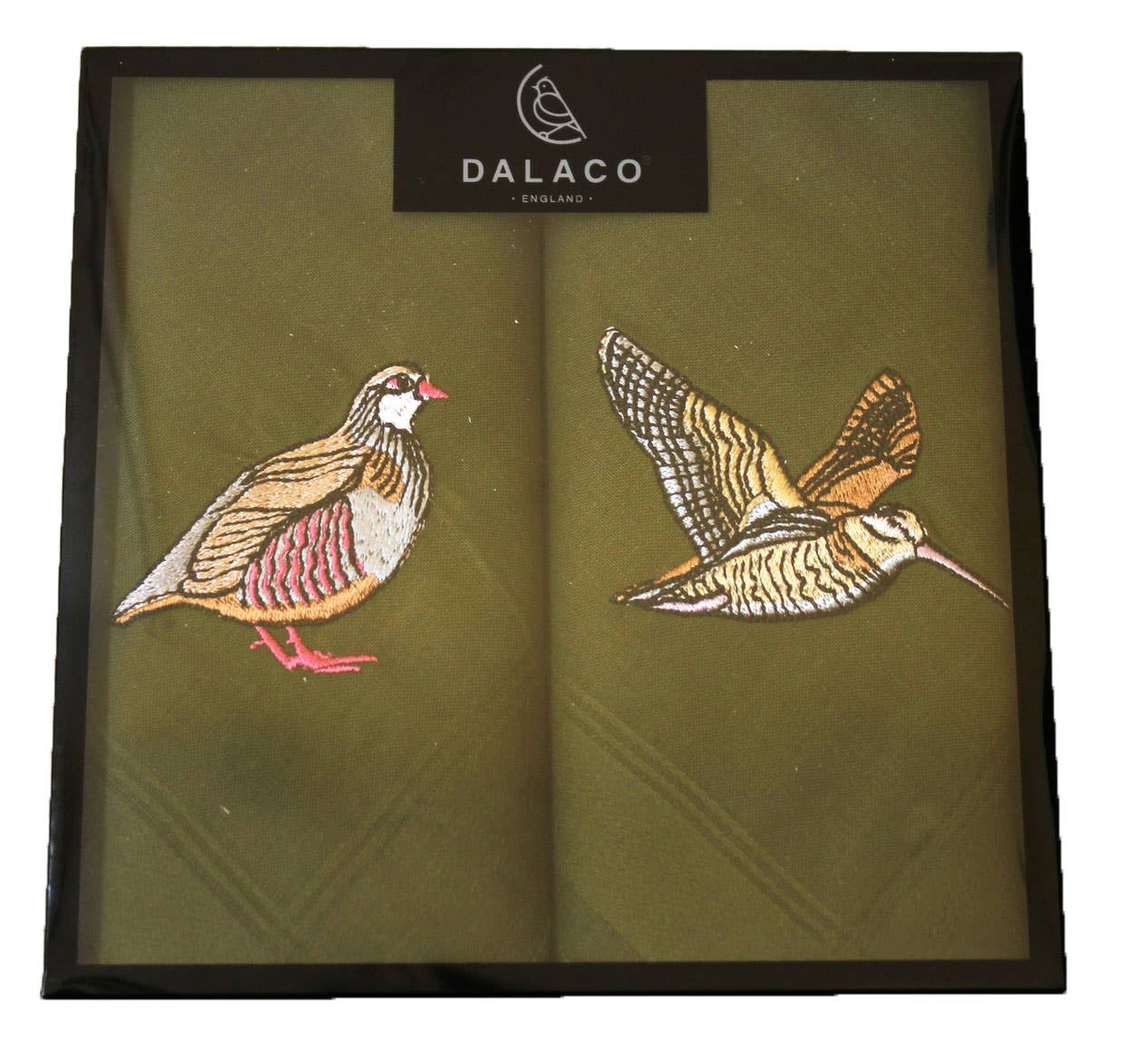 Woodcock & Partridge Embroidered Green Handkerchiefs - Feather & Twigs