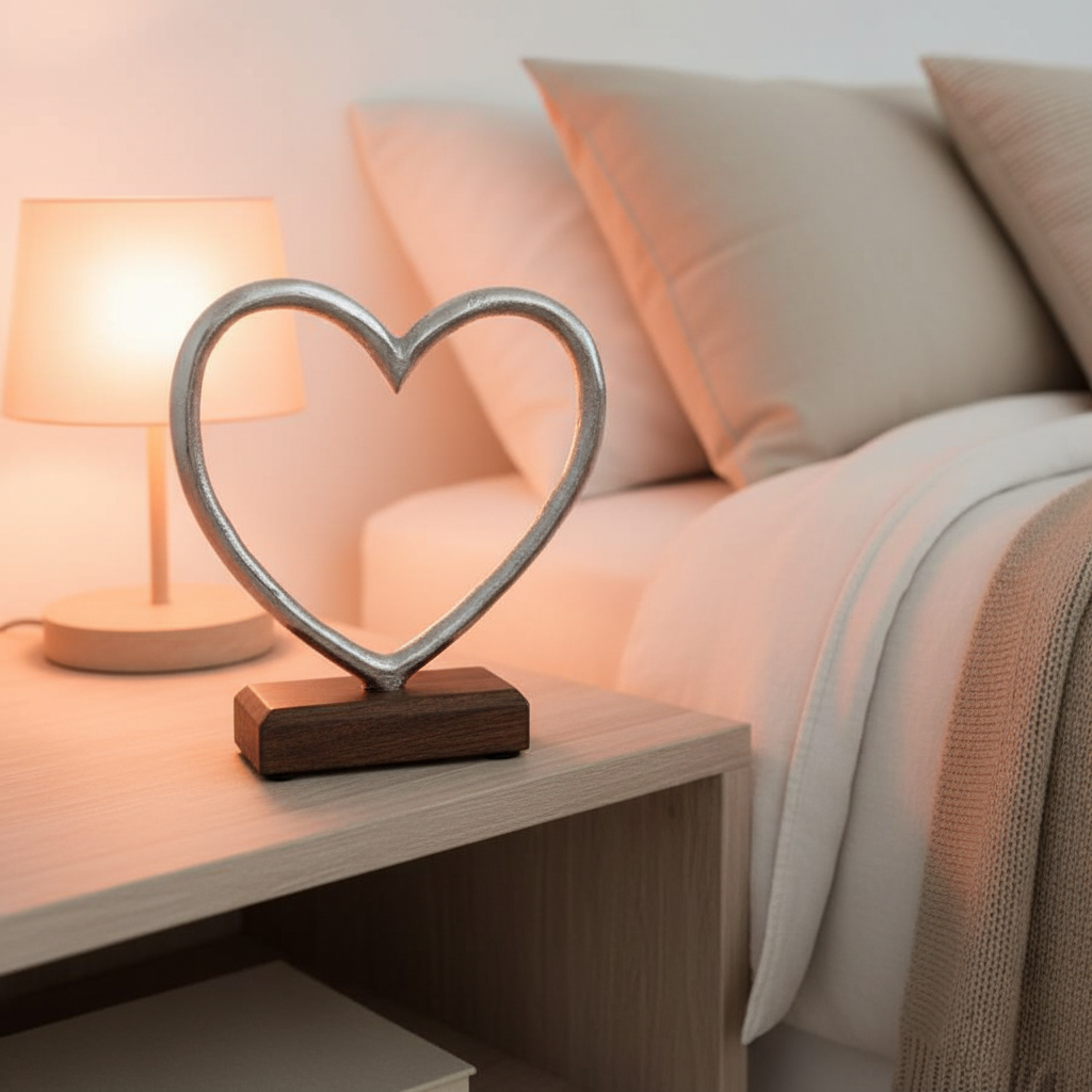 Heart-shaped metal object on a wooden base against a light background