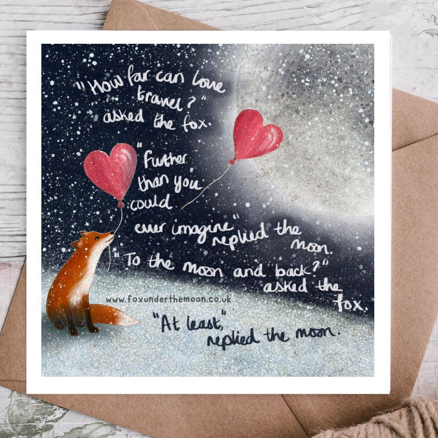 Greeting card with fox holding heart-shaped balloons and romantic quote on a snowy background.