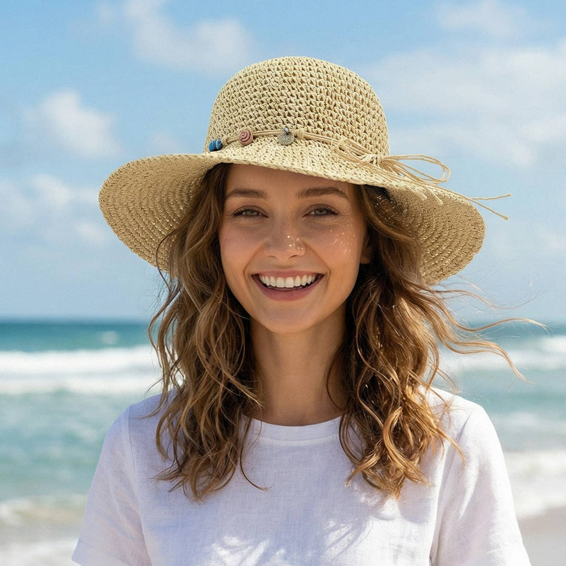 Dark natural crochet style hat with disc band from Black Ginger, 57cm, showcasing textured woven pattern and wide brim.