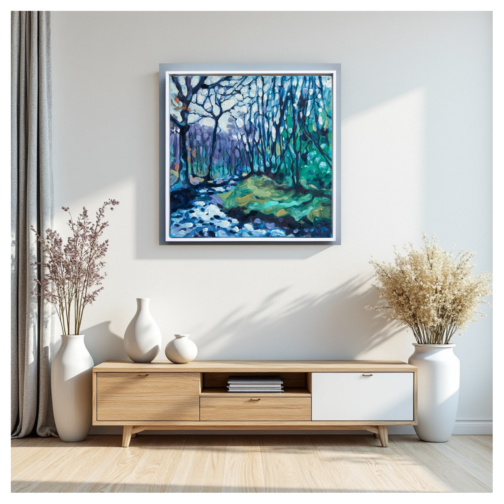 RIVER BETWEEN US - ORIGINAL OIL MOUNTED AND FRAMED BY ANDY WALMSLEY - Feather & Twigs