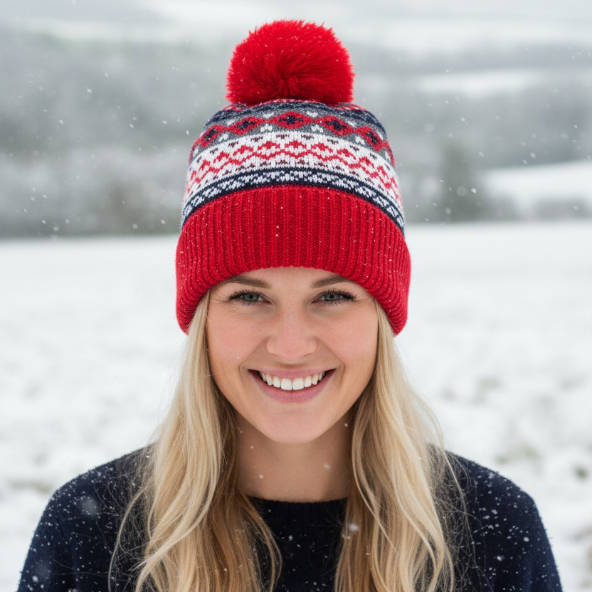 A smiling blonde woman outdoors in the snow wearing a red knit pom-pom beanie with a multicolor Fair Isle pattern band.