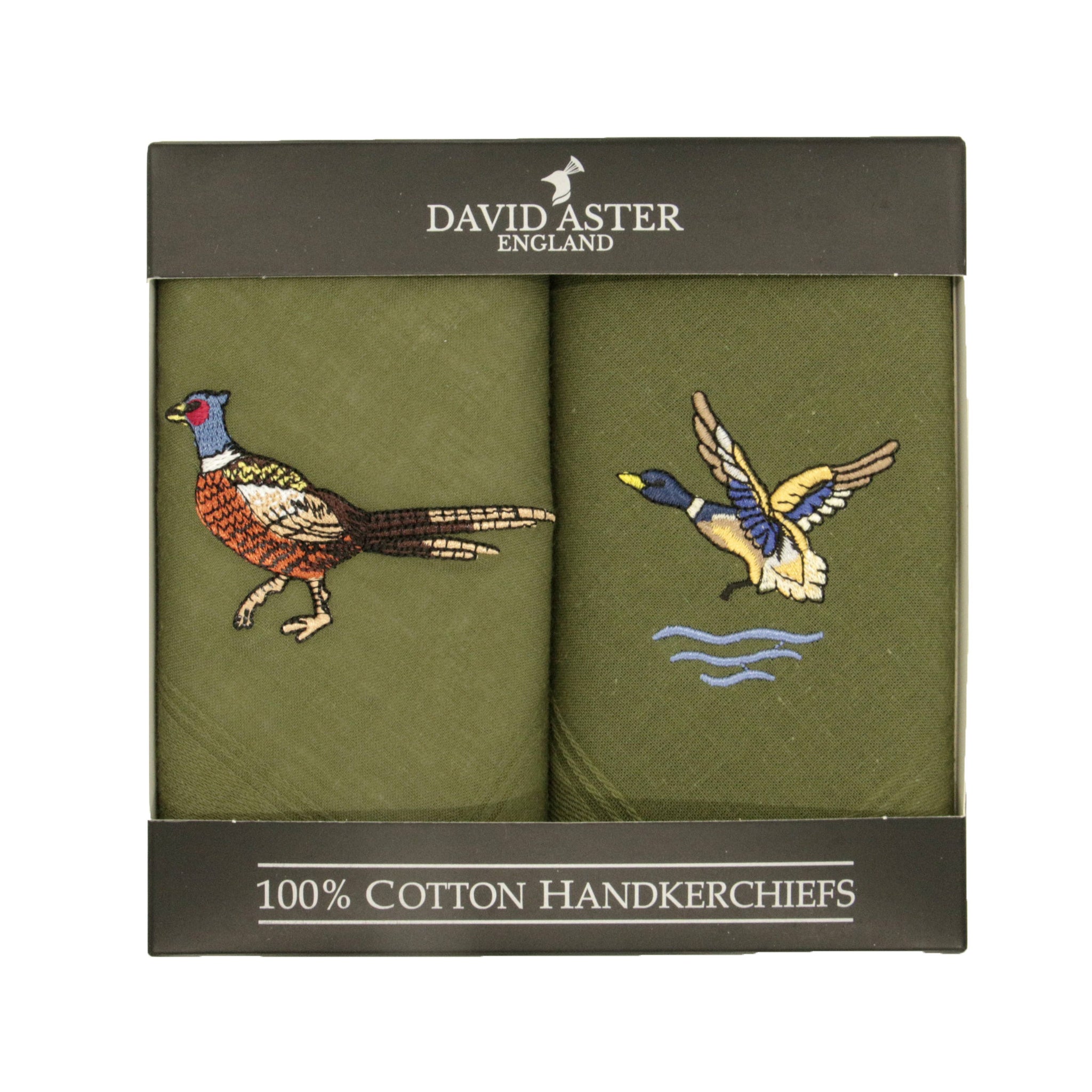 Two green handkerchiefs with embroidered pheasant and duck designs in a David Aster box.