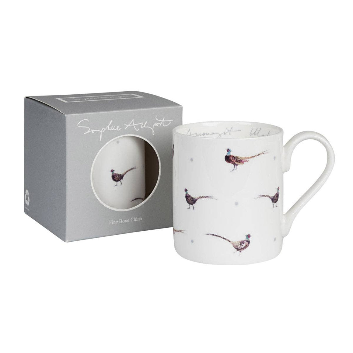 White mug with pheasant illustrations on a white background