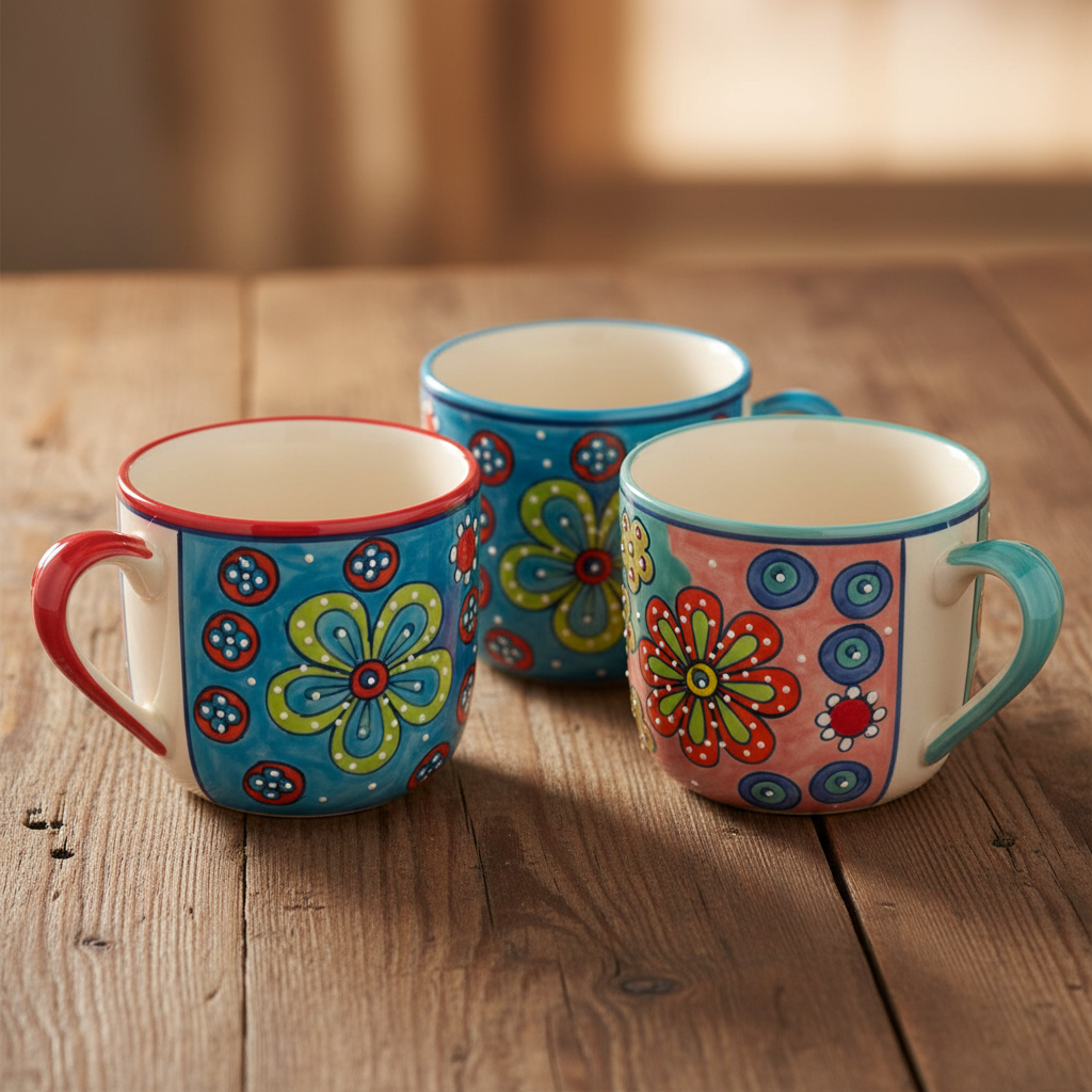 Hand-painted ceramic giant mug with daisy design by Namaste, featuring vibrant floral artwork on a large white mug.