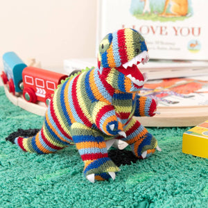 KNITTED STRIPE T REX DINOSAUR BABY RATTLE