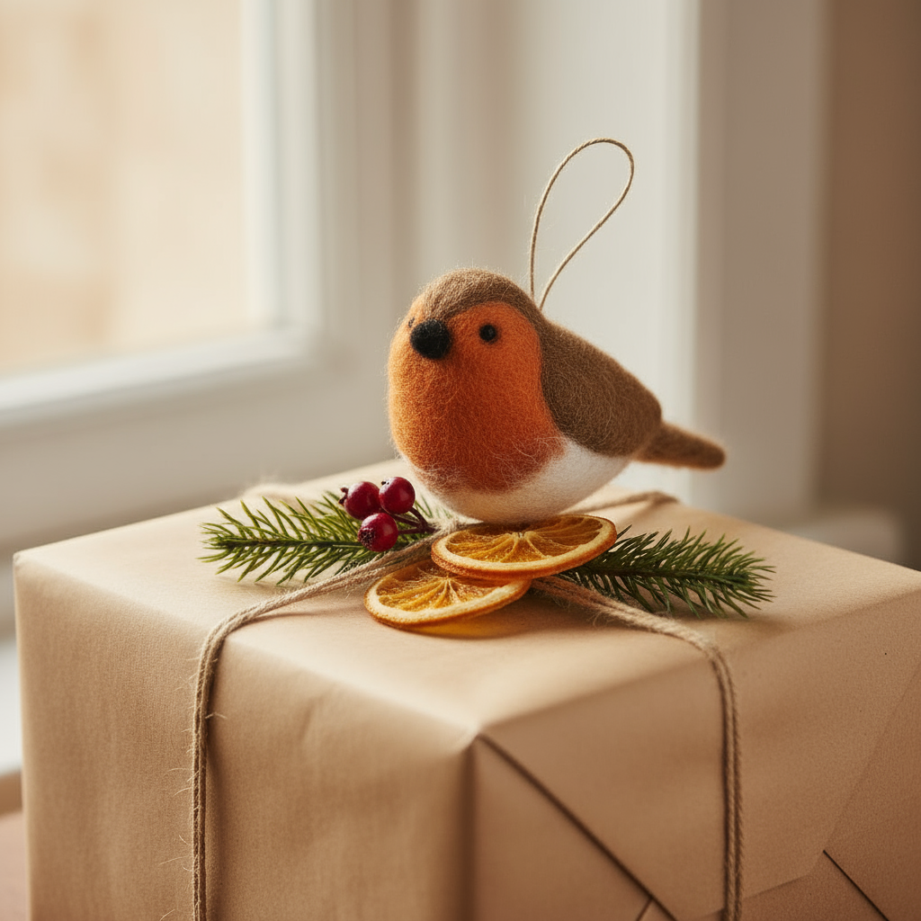 Handmade Felt Pamela the Robin hanging decoration by Felt So Good, featuring a colorful felt robin with string for hanging.