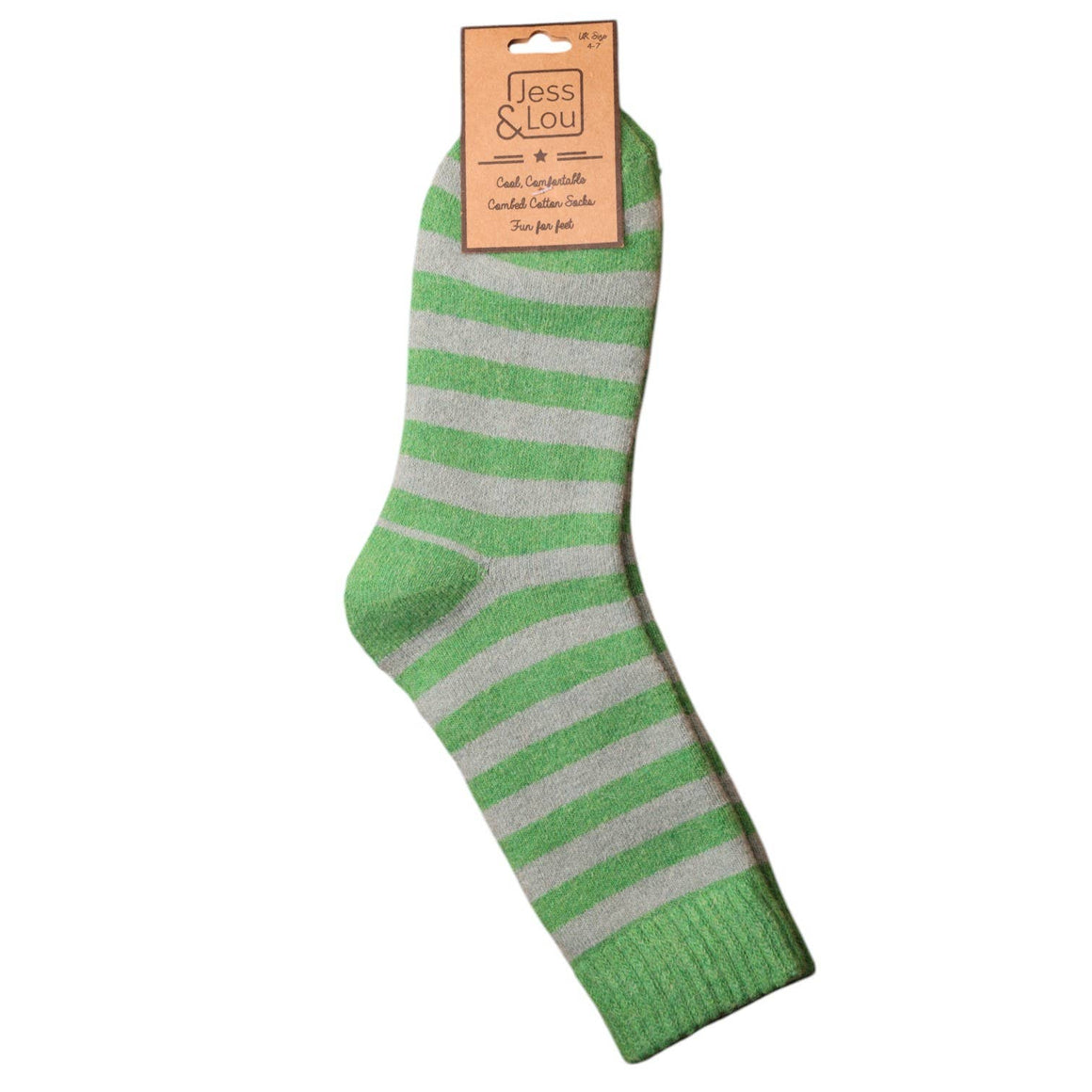 Green and gray striped sock with 'Jess & Lou' packaging on a white background
