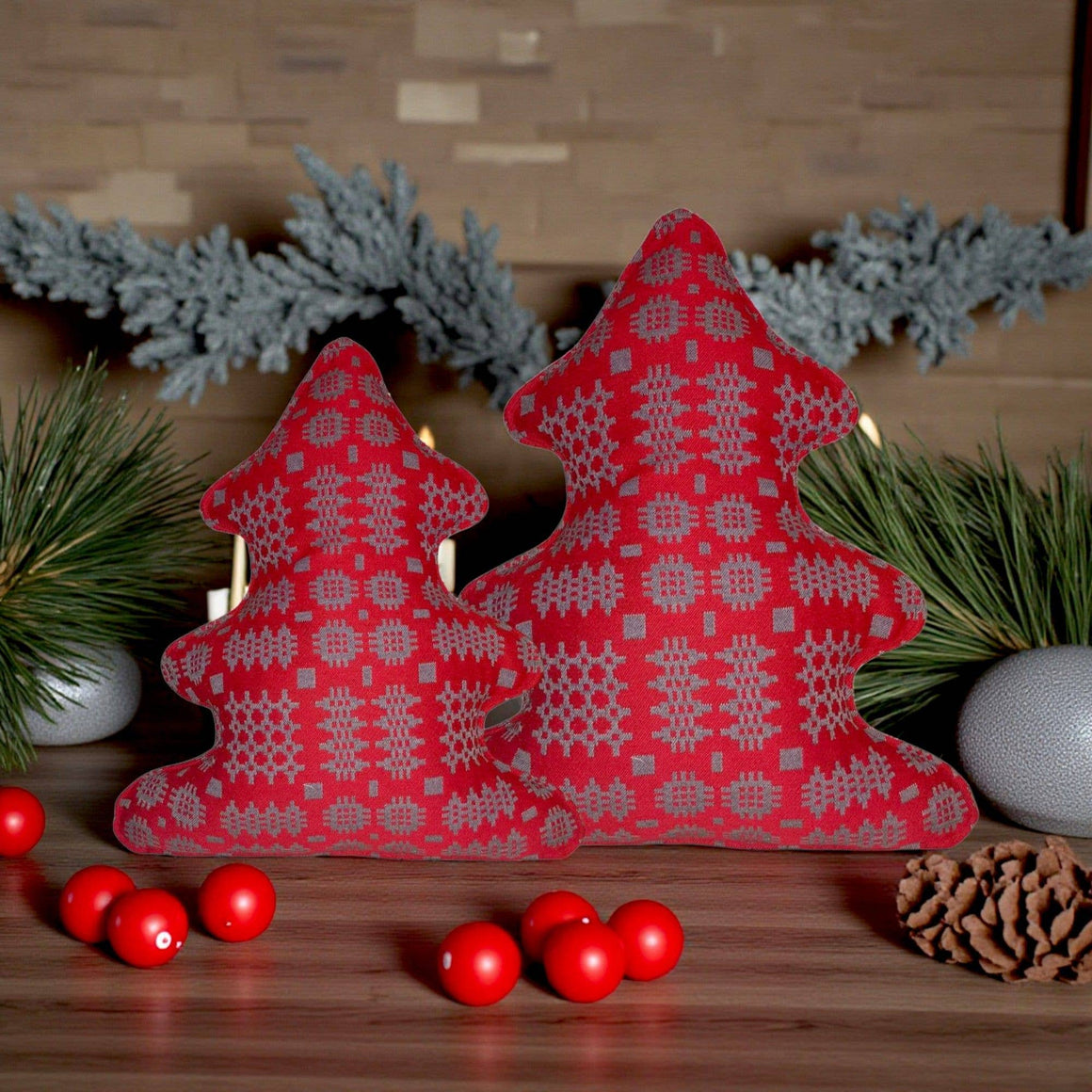 RED WELSH TAPESTRY DESIGN CHRISTMAS TREE CUSHIONS