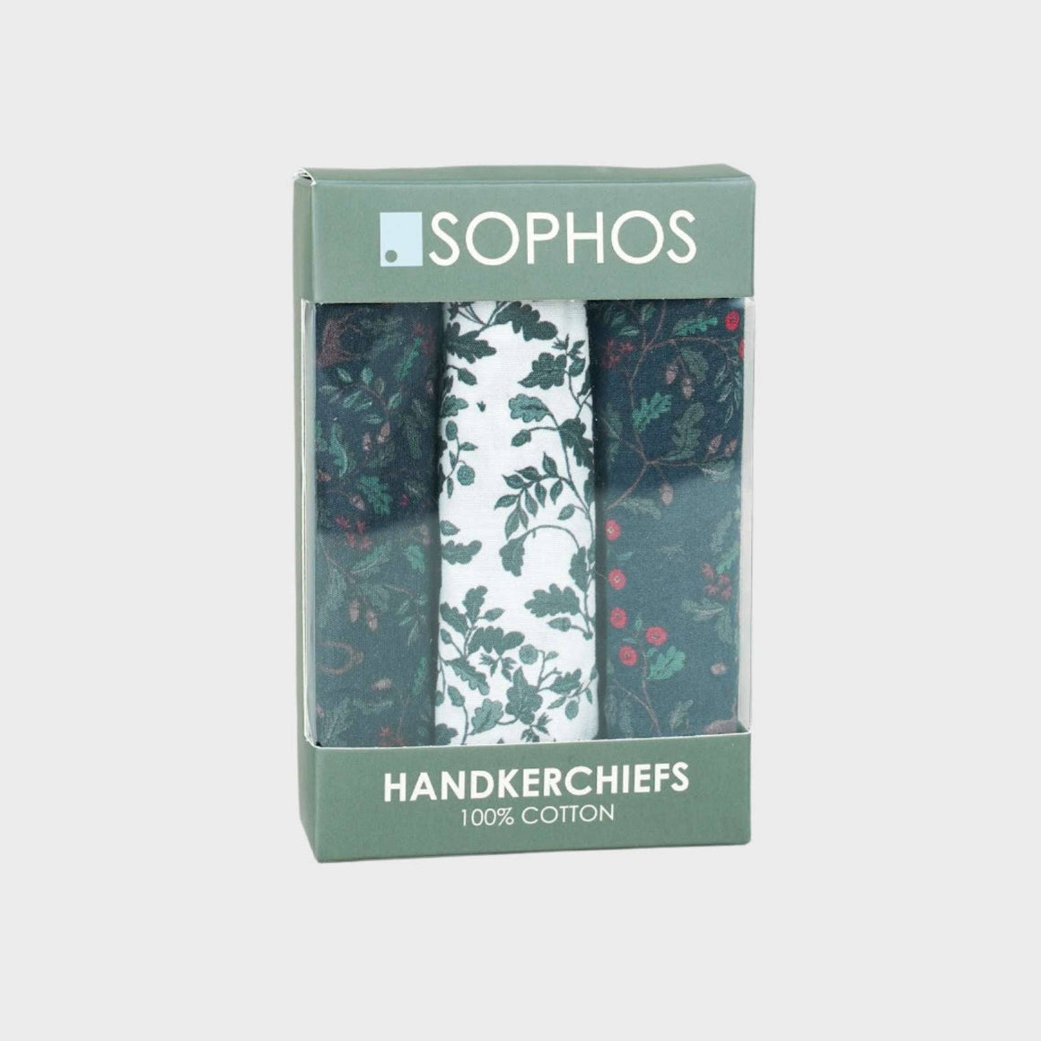 Pack of three floral handkerchiefs in a Sophos branded box on a light gray background
