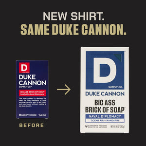 Comparison of Duke Cannon soap packaging design changes on a black background