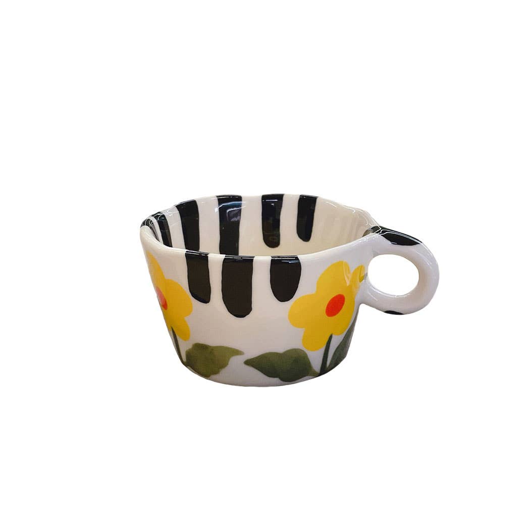 "Daisy" Handpainted Black Stripe Yellow Flower Ceramic Mug - Feather & Twigs