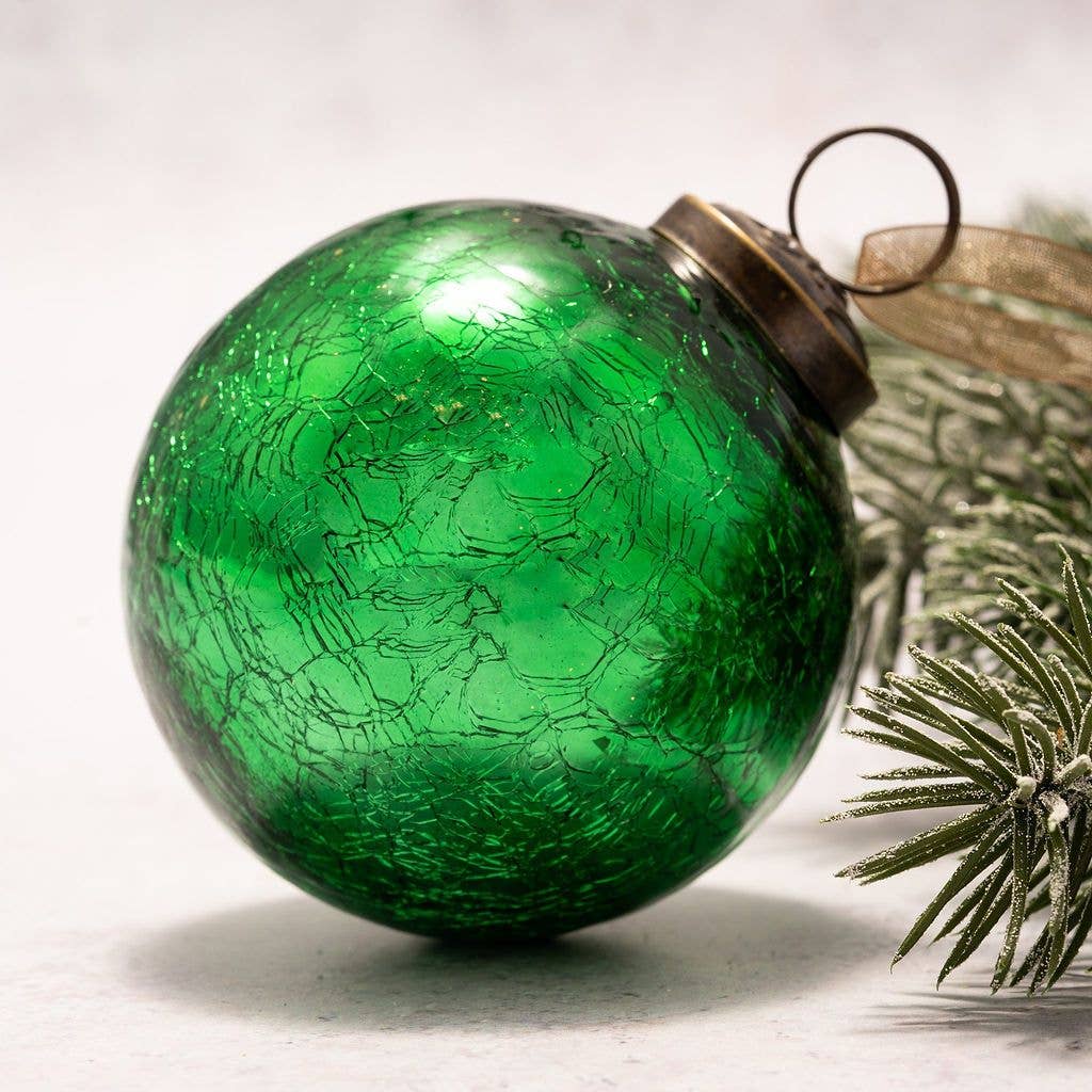 3" LARGE EMERALD CRACKLE GLASS CHRISTMAS BAUBLE
