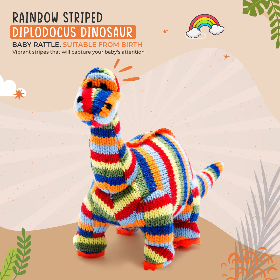 KNITTED DIPLODOCUS DINOSAUR BABY RATTLE RAINBOW STRIPES - Feather & Twigs