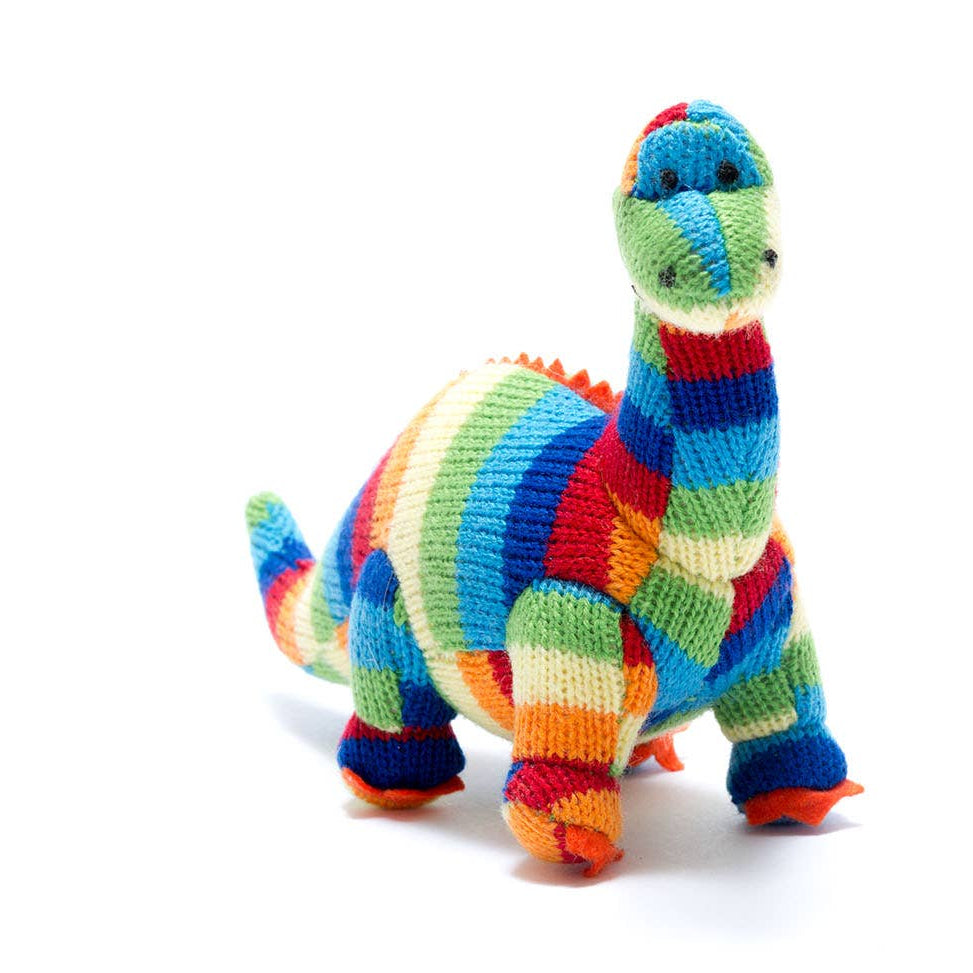 KNITTED DIPLODOCUS DINOSAUR BABY RATTLE - STRIPED - Feather & Twigs