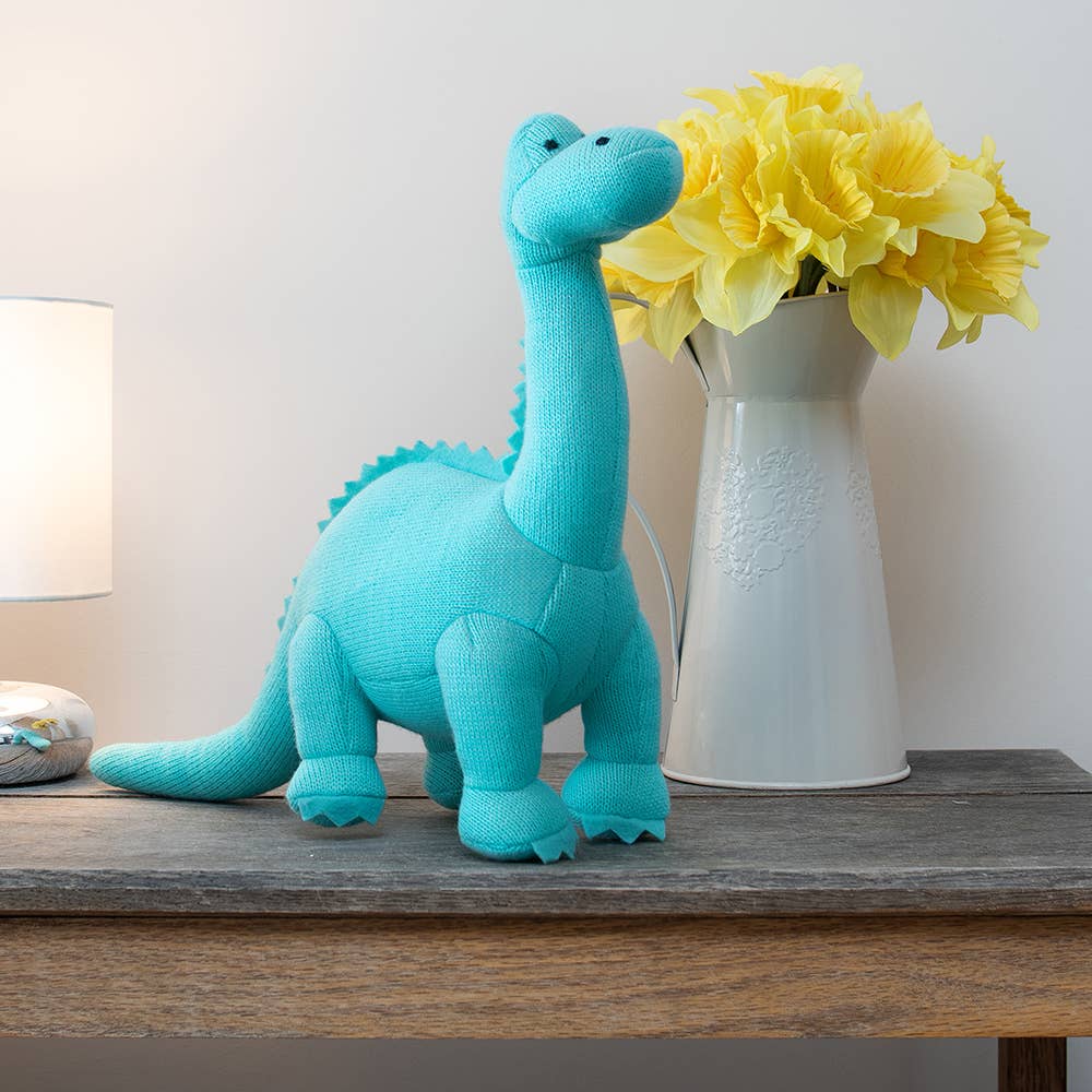 KNITTED DIPLODOCUS SOFT TOY DINOSAUR TEDDY -ICE BLUE - Feather & Twigs