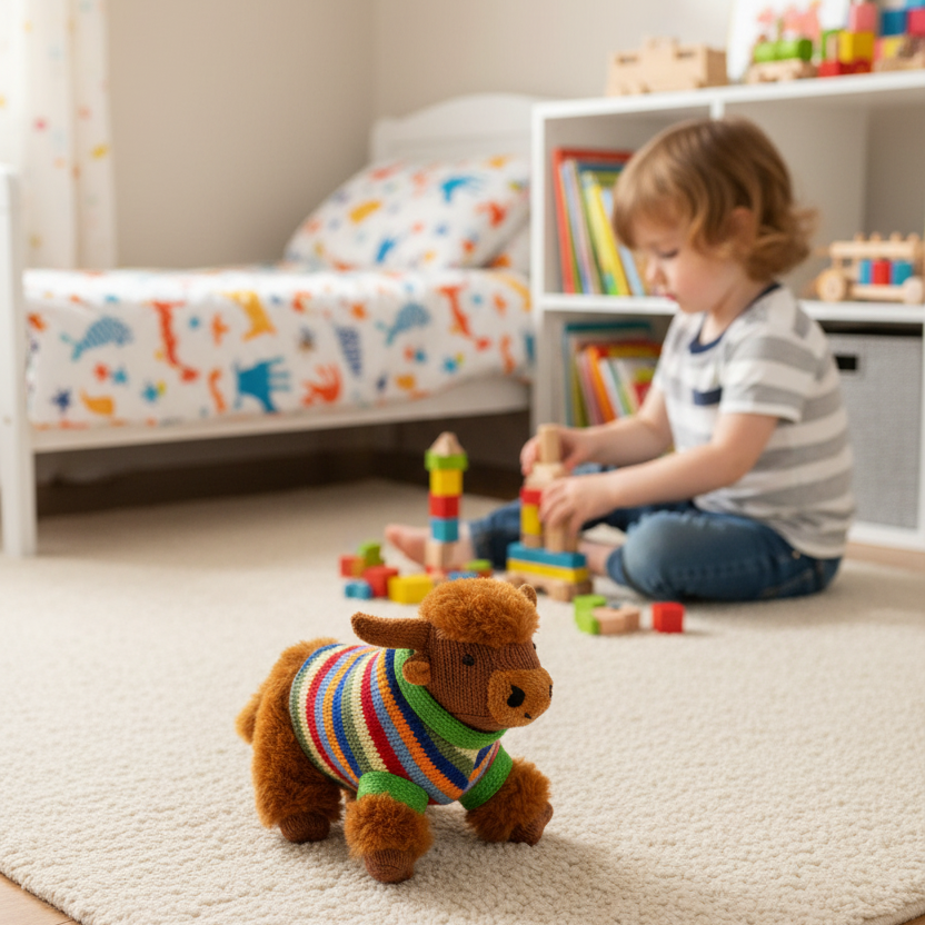 Soft knitted Highland cow baby rattle wearing a striped jumper, from Best Years Ltd, perfect for gentle play and soothing.