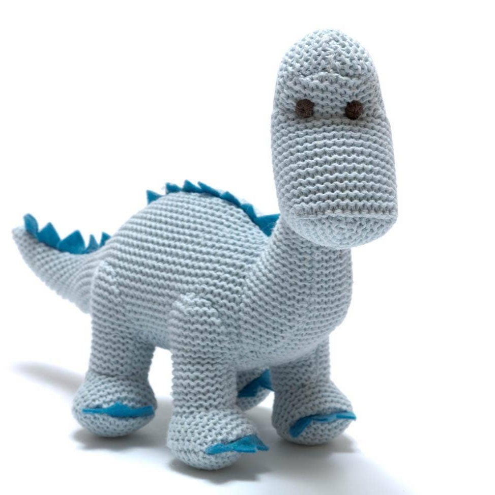 Knitted organic cotton blue Diplodocus baby rattle from Best Years Ltd, soft and safe for infants, with textured detailing.