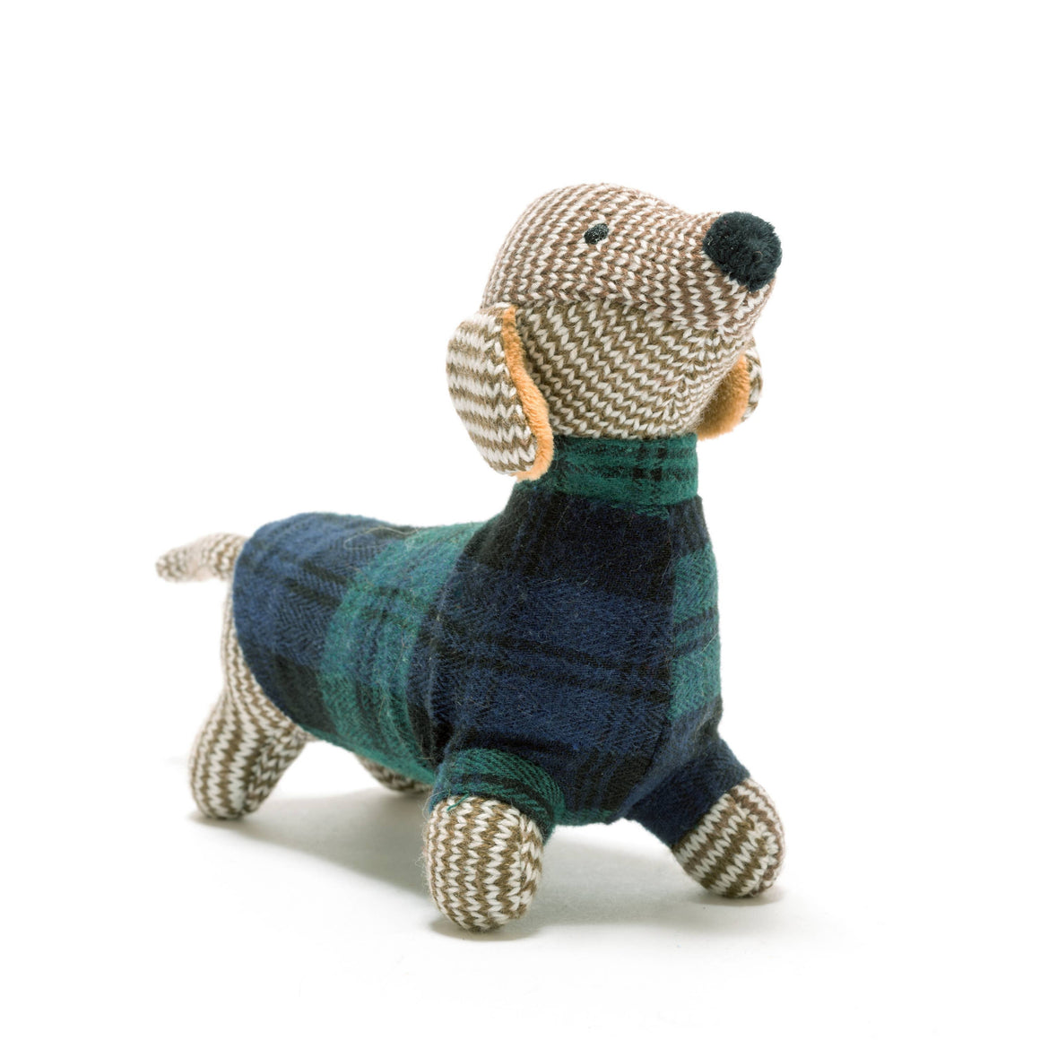 KNITTED SAUSAGE DOG BABY RATTLE WITH TARTAN JUMPER - Feather & Twigs