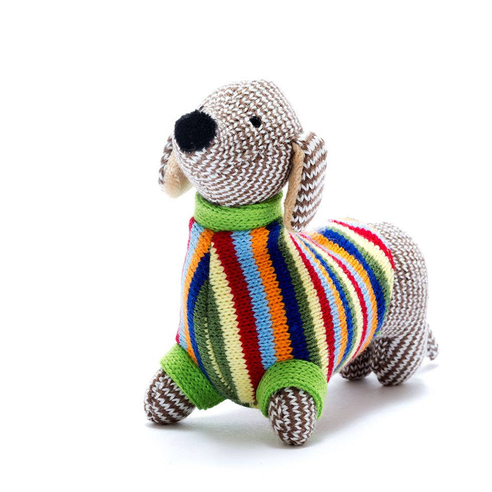 KNITTED SAUSAGE DOG STRIPED JUMPER BABY RATTLE -14cm - Feather & Twigs