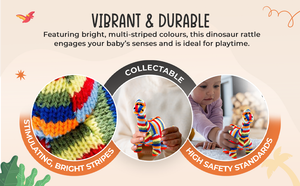 KNITTED DIPLODOCUS DINOSAUR BABY RATTLE RAINBOW STRIPES