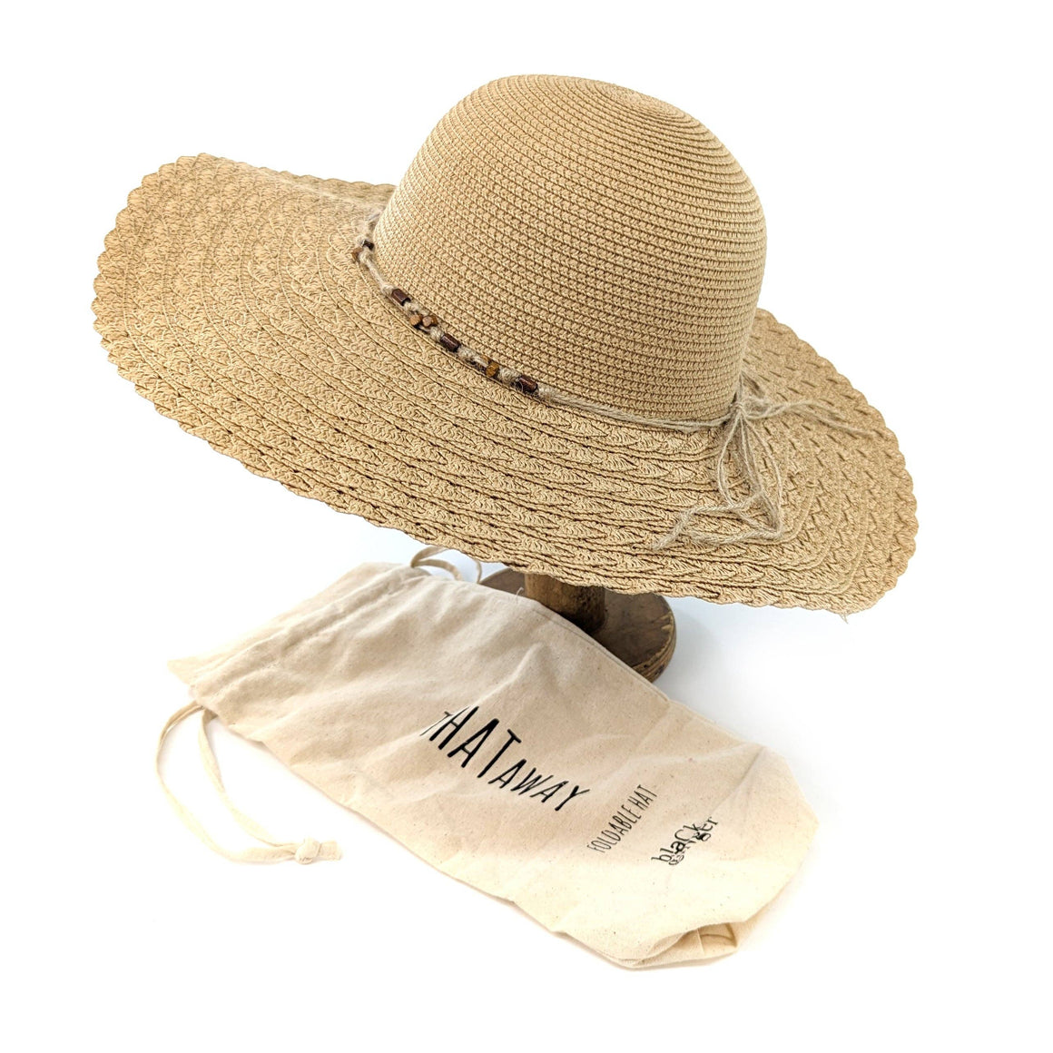 FOLDING WIDE BRIM TRAVEL SUN HAT - DARK BEADED BAND - 57cm - Feather & Twigs