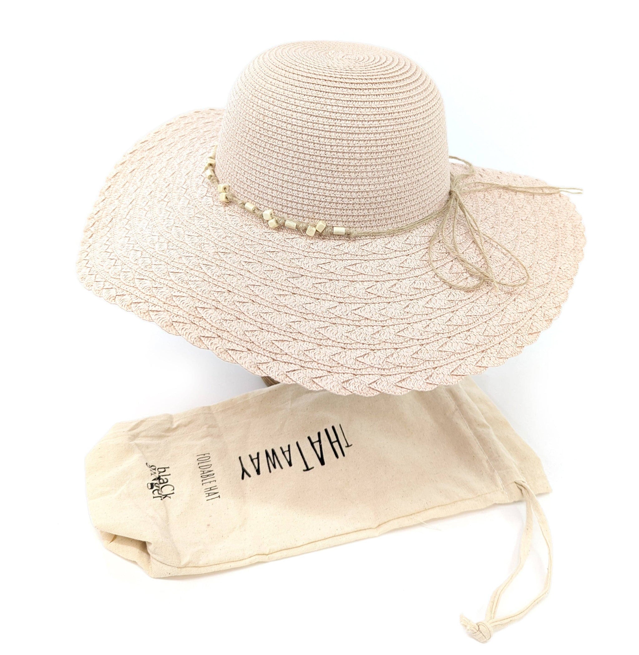 FOLDING WIDE BRIM TRAVEL SUN HAT - PINK BEADED BAND - Up to 57cm - Feather & Twigs