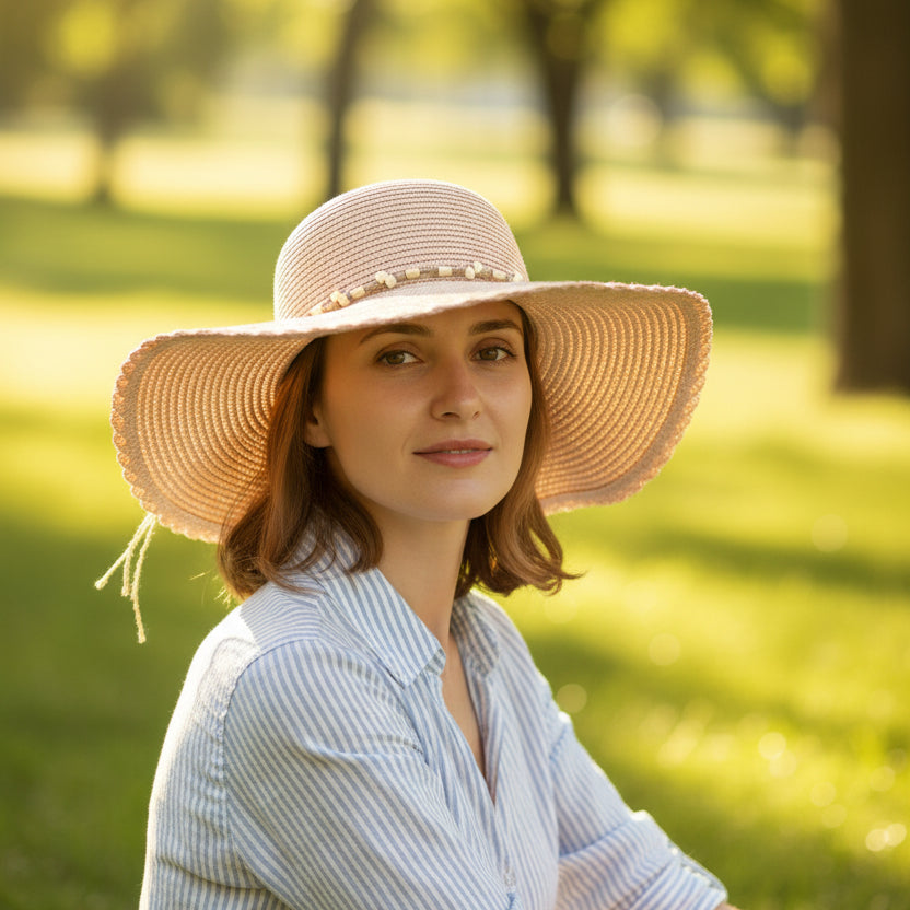 FOLDING WIDE BRIM TRAVEL SUN HAT - PINK BEADED BAND - Up to 57cm - Feather & Twigs