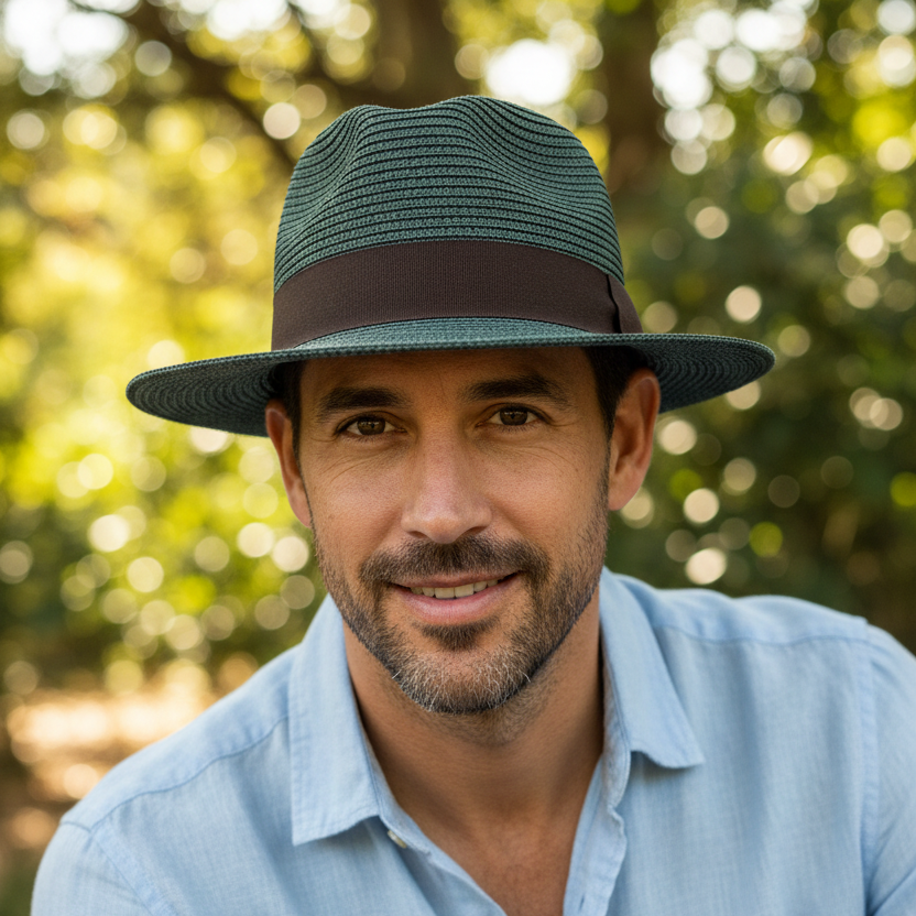 A man wearing a dark green woven fedora hat with a dark brown band and a light blue button-down shirt, photographed outdoors with a soft, blurred green forest background.