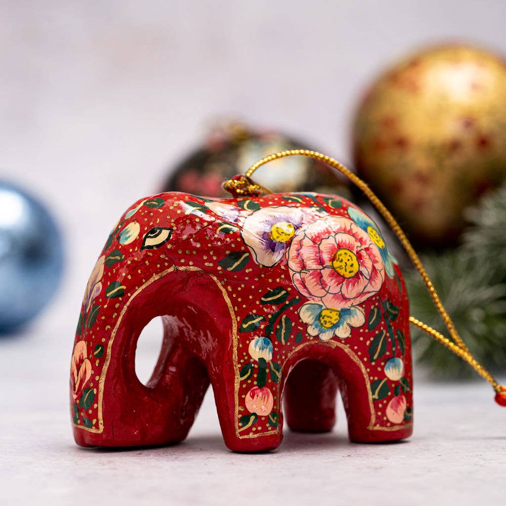 Indian red floral hanging elephant decor by Bollywood Christmas, featuring intricate floral patterns and traditional design elements.