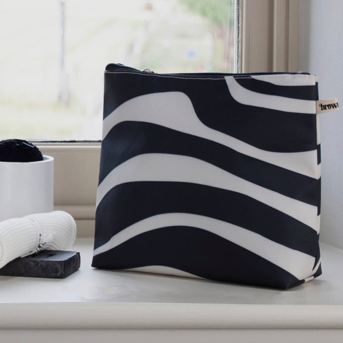 SURF TALL BLACK AND WHITE STRIPED WASH-BAG BY BROWNSTONE - Feather & Twigs
