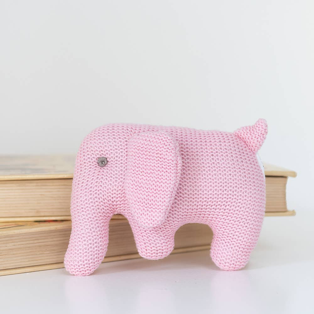 Knitted Pink Elephant Baby Rattle Organic Cotton - Feather & Twigs
