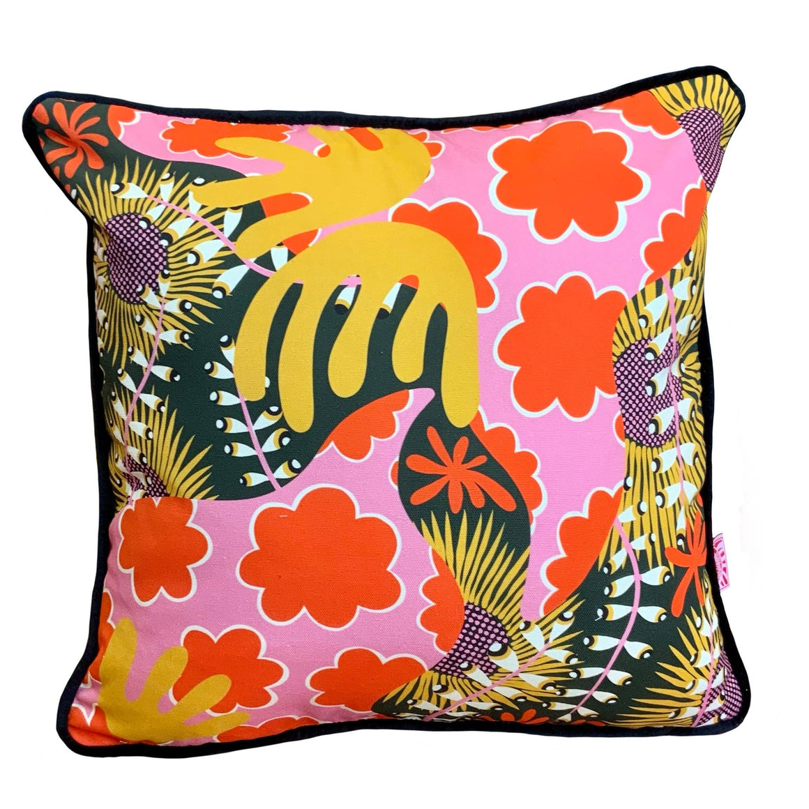 Colorful pillow with abstract floral design on a white background