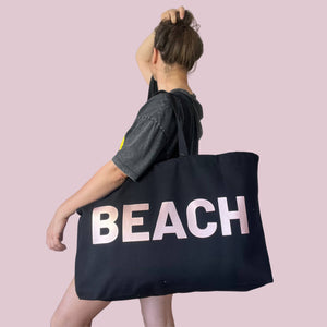 JUMBO BEACH BAG  - BLACK/ROSE GOLD