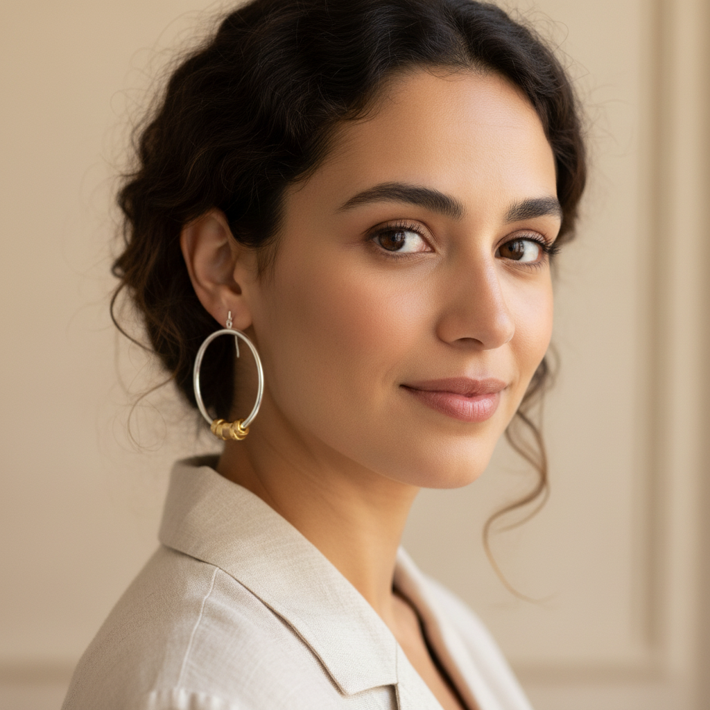 A pair of silver hoop earrings with small gold spacer beads, displayed on a rectangular wooden block over a burlap surface with small white flowers in the background.