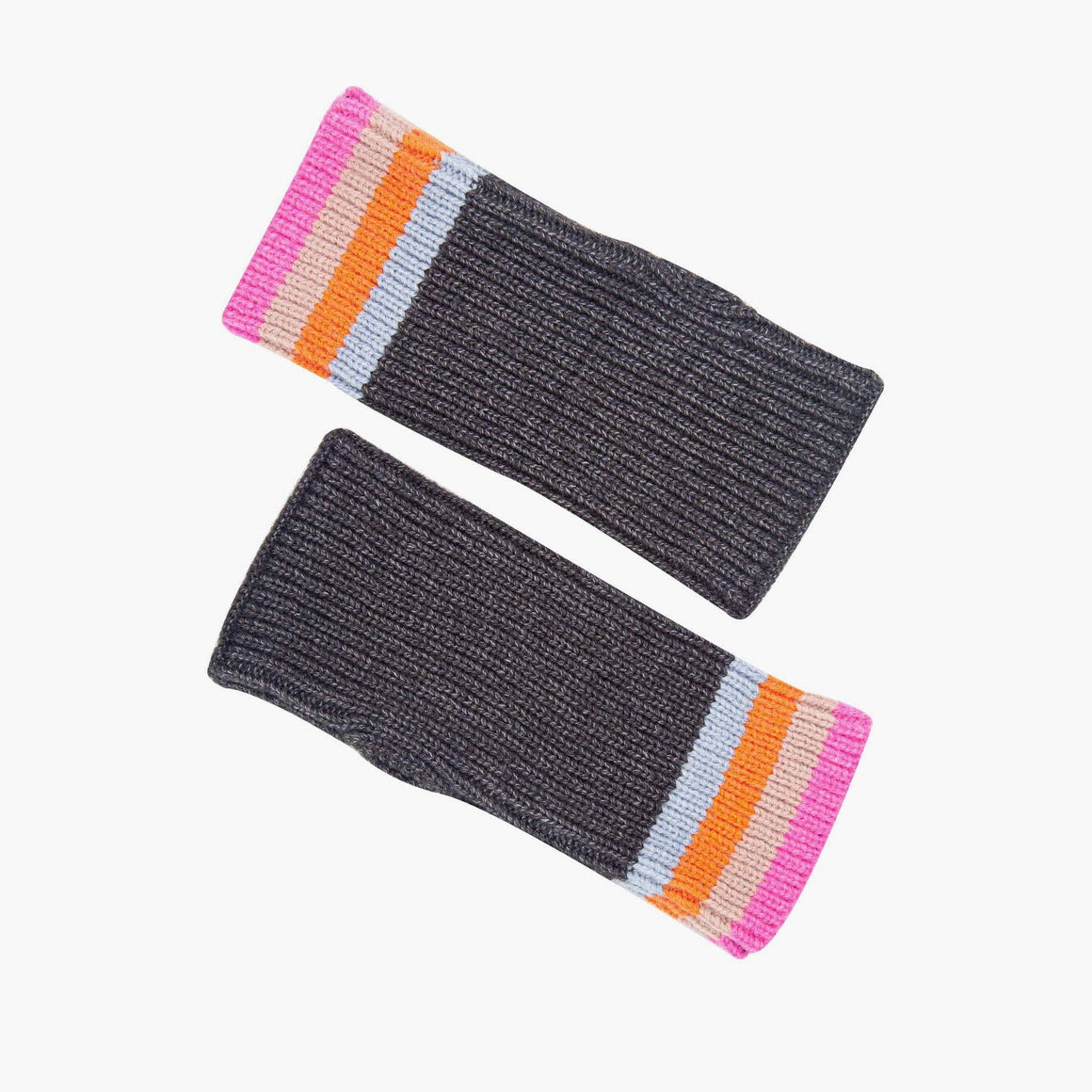 Pair of gray knit arm warmers with colorful striped cuffs on a white background