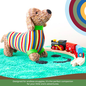 KNITTED SAUSAGE DOG SOFT TOTY TEDDY WITH STRIPE JUMPER