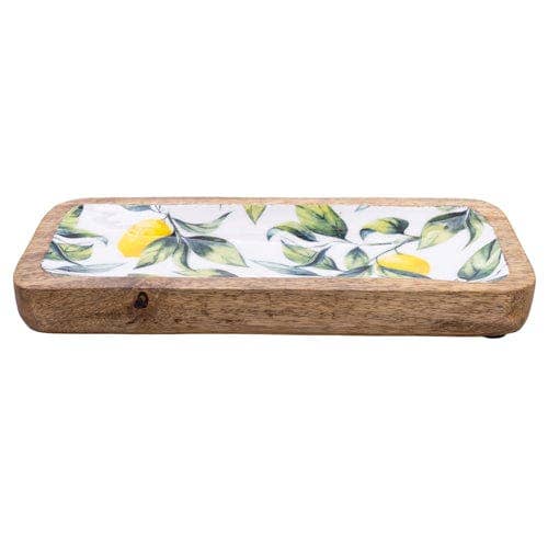 ENAMELLED MANGO WOOD DISH INLAY - LEMONS AND LEAVES -  30.5CM - Feather & Twigs